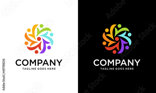 Creative 6 human Teamwork vector logo template creative illustration. People group sign. Social media symbol. Friendship teamwork concept. Design elements.