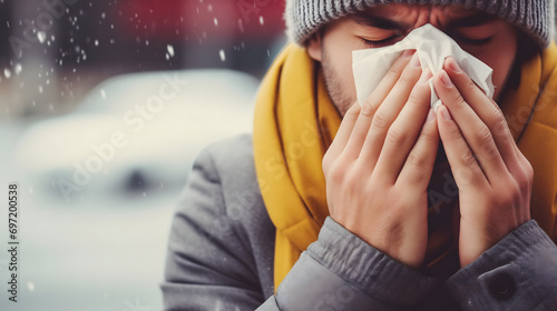 Une personne en train de se moucher sous la neige en hiver.