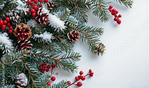 White Christmas background with Christmas tree branches and red berries, winter holiday composition with copy space. Generative AI