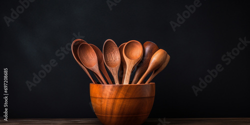 Wooden Top view of wooden bowl on kitchen counter wooden spoons at left side of wooden table background. AI Generative.