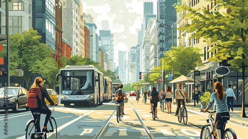 Eco-friendly Transportation: A bustling city street with electric buses, bicycles, and pedestrians, illustrating sustainable transportation choices for a greener future