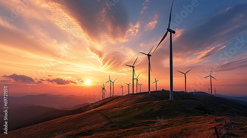 Clean Energy Horizon: Wind turbines standing majestically against a vibrant sunset, symbolizing the transition to clean and renewable energy sources