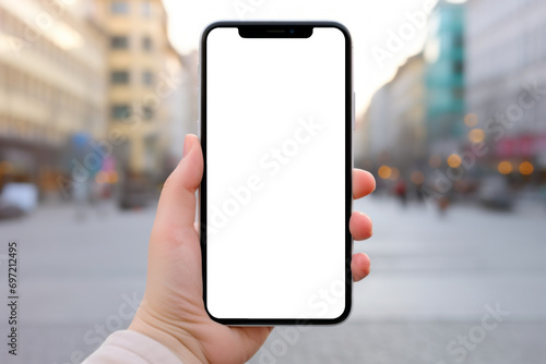 Mano sujetando smartphone estilo mockup con espacio en la pantalla.