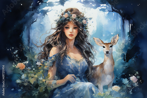 Artemis with deer, the serene huntress of ancient Greece. Generative AI watercolor illustration. 