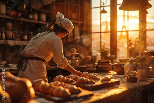 The Art of Baking: In a French Boulangerie, an Artisan Baker Infuses Tradition and Expertise, Filling the Air with Aromas of Freshly Baked Bread, Flaky Croissants, and Irresistible Pastries