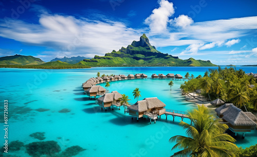 Peaceful and tranquil lagoon in Bora Bora, French Polynesia, with crystal-clear waters and overwater bungalows dotting the shoreline