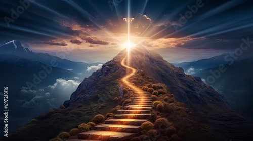 Path to success concept with glowing light path going up the mountain