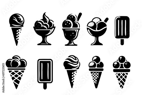 Sketch Ice cream icons frozen creamy desserts, gelato ice cream, wafer cone, caramel eskimo or chocolate glaze sundae whipped cream and fruit ice, fresh vanilla scoops