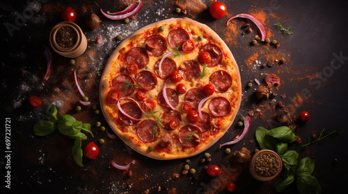 Pizza with salami, pepper and basil on a black background 