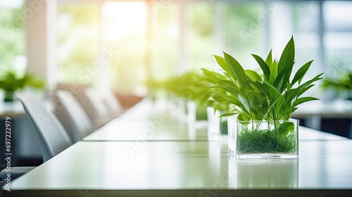 Modern green office desk table withe Plants. Desk plants can reduce stress at work