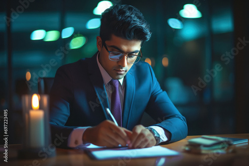young indian businessman writing on some documents