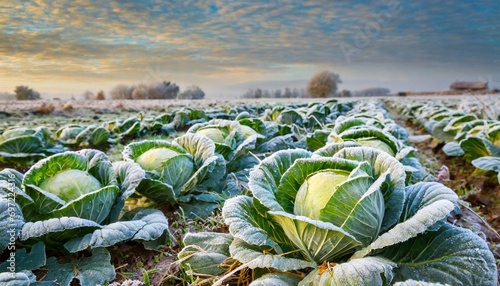 cabbage in a field outdoors covered with frost