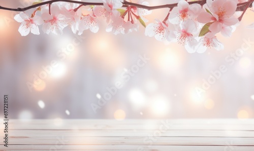 Wooden table with pink peach blossom flowers over blurred background.