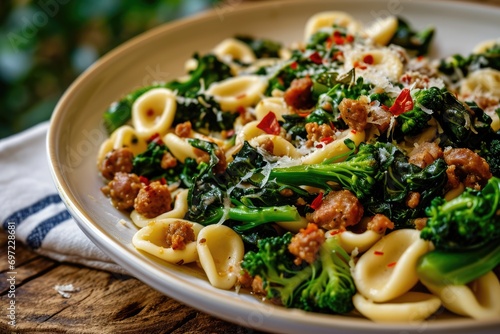 Culinary Symphony: Experience the Homely Elegance of Orecchiette with Broccoli Rabe and Sausage, an Ear-Shaped Pasta Dish Celebrating the Rich Flavors of Italian Cuisine and the Art of Homemade Cookin