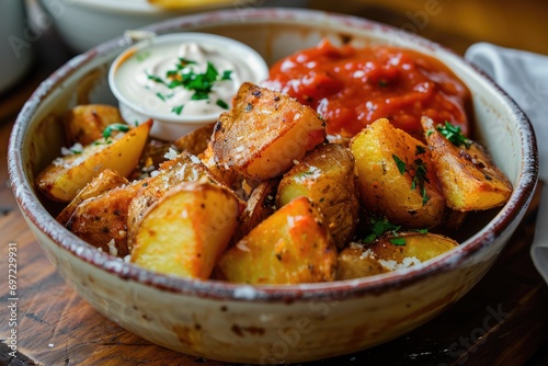 Tapas Temptation: Patatas Bravas, a Spanish Culinary Treasure featuring Crispy Potatoes, Spicy Tomato Sauce, and Garlic Aioli, Eliciting the Rich Tapestry of Mediterranean Flavors in Every Bite