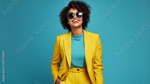 Full body happy cheerful Afro American woman wearing stylish yellow suit and trendy glasses standing isolated on blue background, looking at camera, winking her eye and smiling
