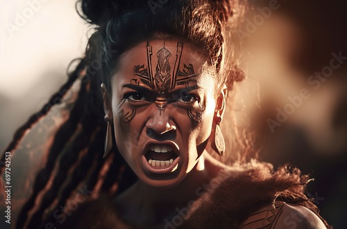 Maori woman with angry face. Screaming furious woman with facial tattoos. Generate ai