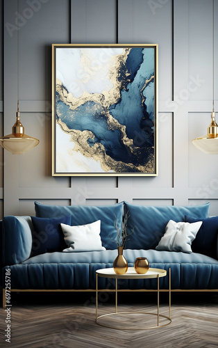 sala com quadro marmore abstrato azul com dourado luxo 