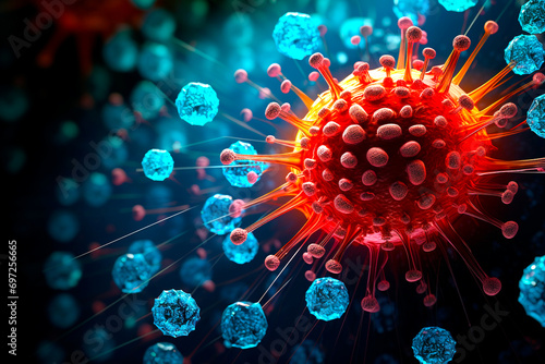 Close up macro details of virus cell on blurrred background. AI generated