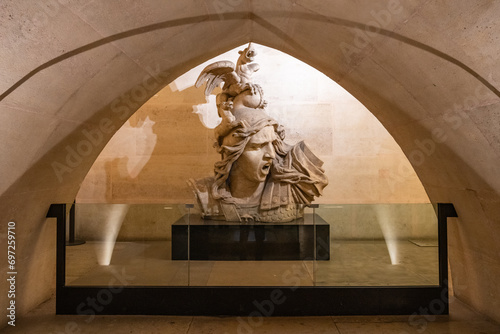 Statue of Marianne inside the Arc de Triomphe. The icon of Marianne emerged during the French Revolution of 1789 as a personification of the values of liberty, equality and fraternity. Paris, France