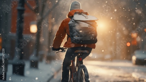 A person riding a bike in the snow. Perfect for winter sports and outdoor activities