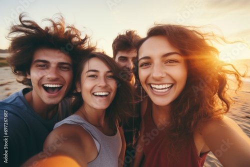 Group of friends capturing a moment with a selfie on a beautiful beach. Perfect for social media posts or travel blogs