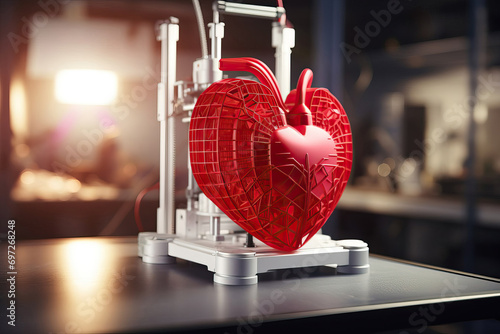 red heart model created in 3d printer, light airy lighting in a lab, future innovations, innovative technology