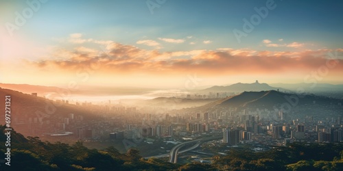 A panoramic view of a city from the top of a hill. This image can be used to showcase the urban landscape and the beauty of the city from a higher perspective