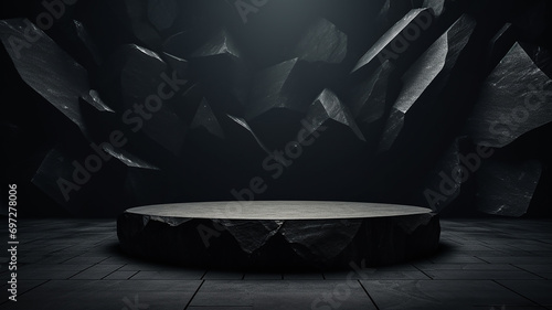 3d rendered black empty Luxury natural stone podium for showing packaging and product on black background, copy space