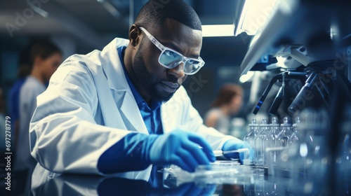 A man in a lab coat and goggles working on a piece of equipment. African scientist, graduate student, working in research lab, laboratory tech