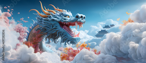 Vibrant dragon soaring above clouds with traditional pagodas in the background
