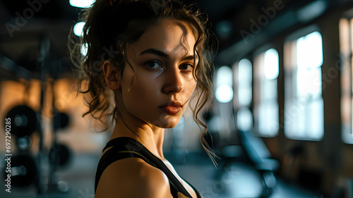 headshot portrait of woman athlete in the gym training with a workout session with weight lifting