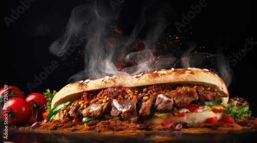 Fresh grilled beef Turkish or chicken Arabic shawarma sandwich with dynamic flying ingredients, perfect for food commercials and menus.