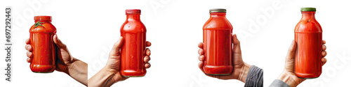 Bottle of tomato juice in hand Hyperrealistic Highly Detailed Isolated On Transparent Background Png File