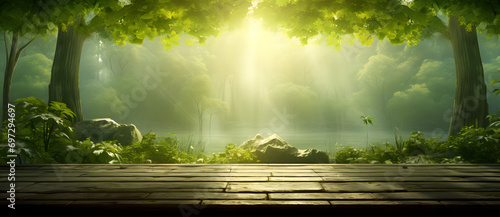 Sunlight filtering through a bamboo forest onto a wooden platform