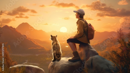 Happy boy scout with his cat. Created with Generative AI. 