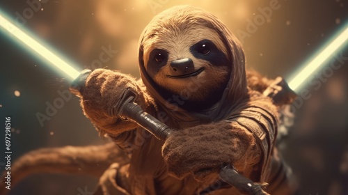 Portrait of a cute Jedi Sloth. Created with Generative AI
