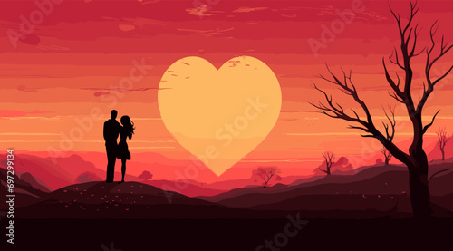 a couple in love at sunset on the background of a landscape with the sun in the shape of a heart