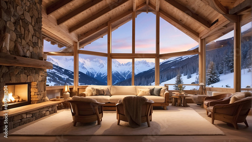 Snowy ski lodge with untouched slopes and inviting glow