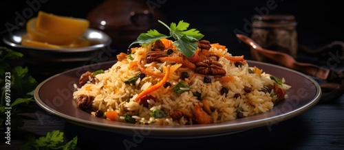 Oriental pilaf with a pleasant aroma, served on a plate.