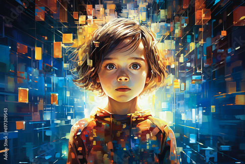 Portrait of a child against a background of many small digital screens. The problem of overabundance of information in children, stress and bad mood