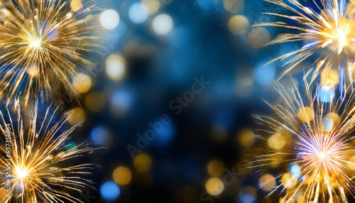 Fond abstrait feux d'artifice doré et bleu du nouvel an avec zone de texte
