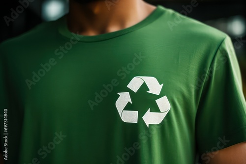 Green tshirt with white recycle sign, recycled cotton tshirt Carbon emission green revolution climate change Environment sustainable development goals