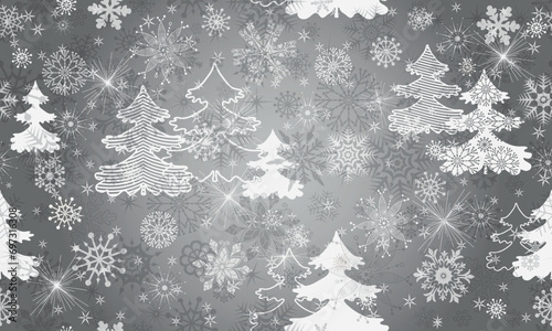 Vector hand drawn seamless winter pattern with snowflakes and trees and stars on silvery background