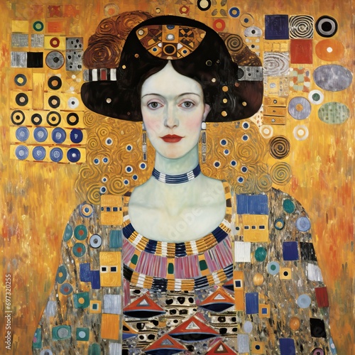 queen wearing jewelled crown, colourful, klimt