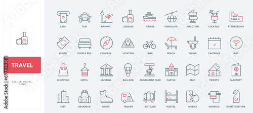Travel destination of summer vacation, hotel service line icons set. Map direction to museum, tickets to cruise and airplane, funicular thin black and red outline symbols, vector illustration