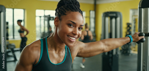 afro-american woman in gym, toned with muscular arms, broad shoulders, attractive, 30 years old, smiling, sporty, happy, trained, exhausted, sweaty, women's fitness indoor.