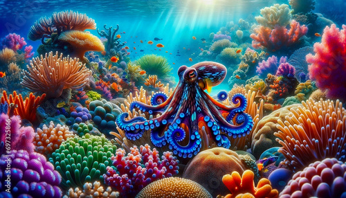 blue ringed octopus on coral reef illustration