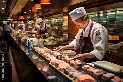 Japanese chef preparing sushi in a restaurant in Kyoto, Japan. Japanese traditional cuisine, AI Generated