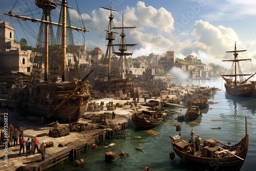3D CG rendering of ancient greece town and old ship, AI Generated